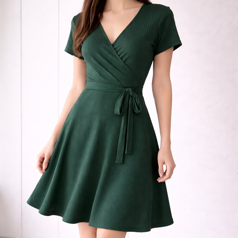 Forest Green Ribbed Wrap Dress